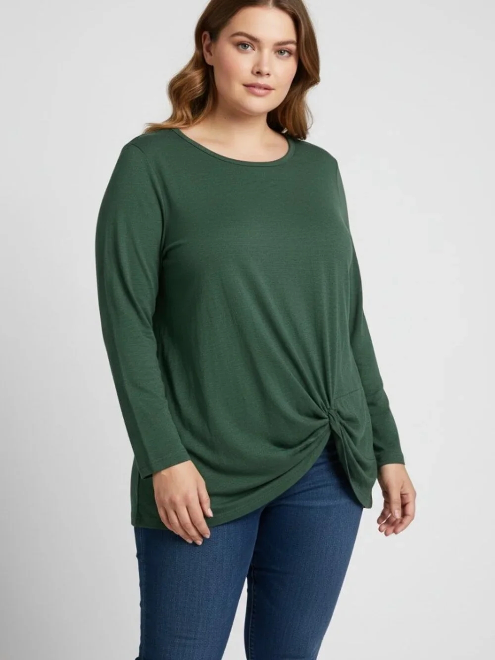 Plus Size 2XL Forest Green Knot Hem Long Sleeve Top Dark Green Tunic Blouse - Picture 1 of 8